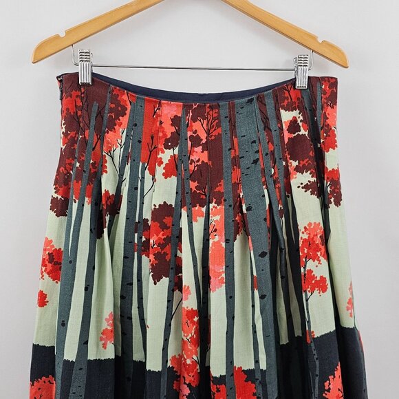 J. Peterman Midi Skirt 12 Wool Lined Pleated Tree Print Gray Red Preppy Fairy - Picture 6 of 12